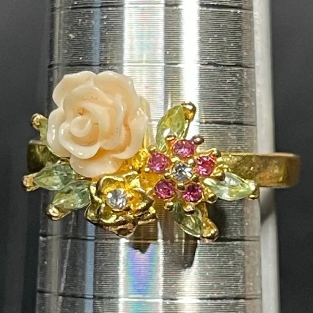 Lucite Carved Flower Colorful Rhinestones S925 Marked Vtg Sz 10.5 Inscription